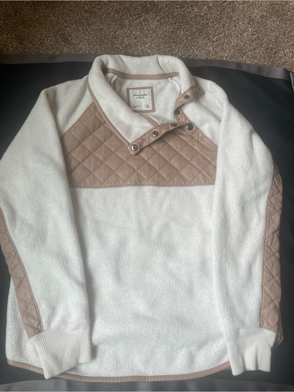 Abercrombie & Fitch White Sherpa Crewneck with Tan Quilted Yoke